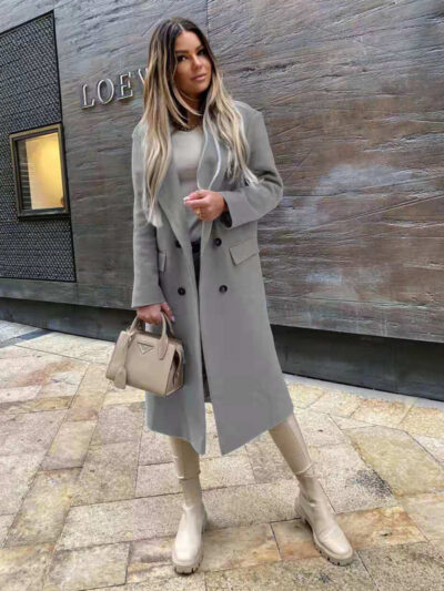 women's long sleeve suit collar double breasted woolen coat coat - Image 9