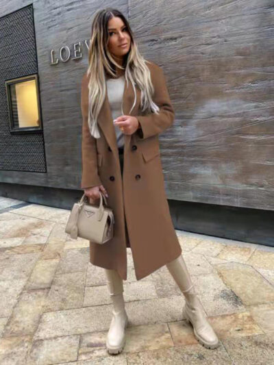 women's long sleeve suit collar double breasted woolen coat coat - Image 2