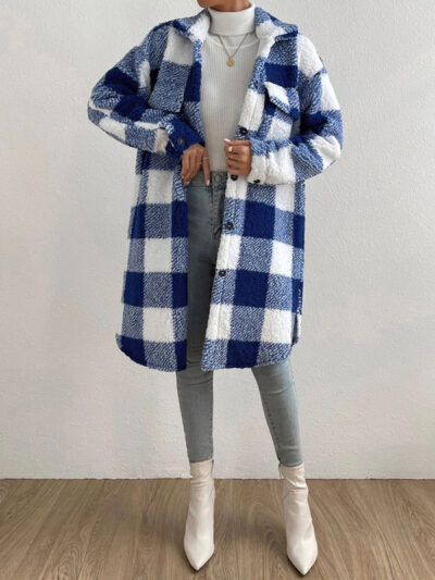 Autumn and winter open buckle lapel plush plaid coat loose temperament commuter long coat - Image 11