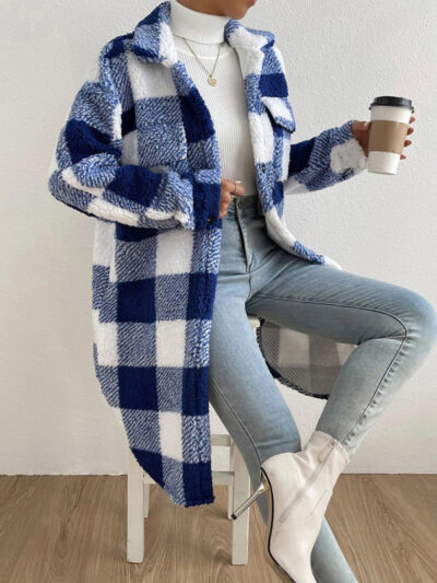 Autumn and winter open buckle lapel plush plaid coat loose temperament commuter long coat - Image 3