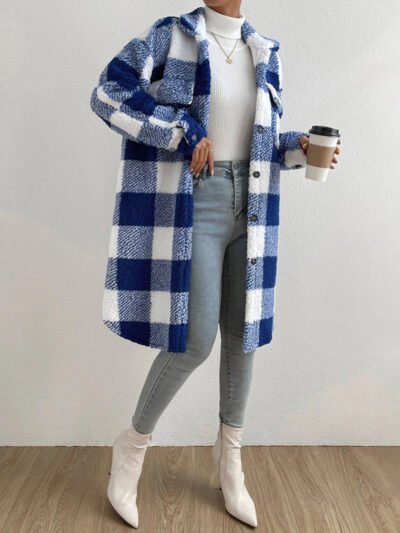 Autumn and winter open buckle lapel plush plaid coat loose temperament commuter long coat - Image 9