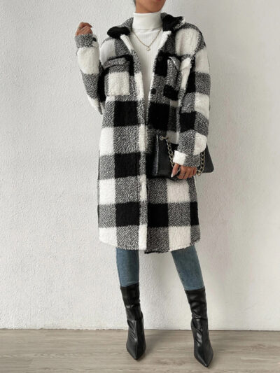 Autumn and winter open buckle lapel plush plaid coat loose temperament commuter long coat - Image 15