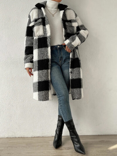 Autumn and winter open buckle lapel plush plaid coat loose temperament commuter long coat - Image 12