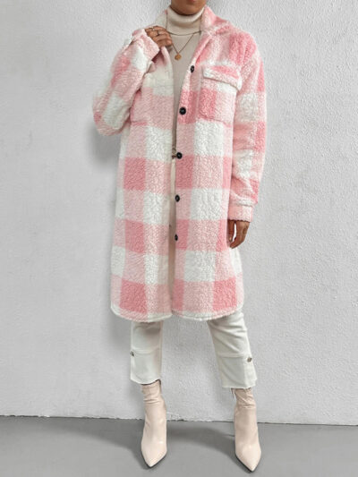 Autumn and winter open buckle lapel plush plaid coat loose temperament commuter long coat - Image 6