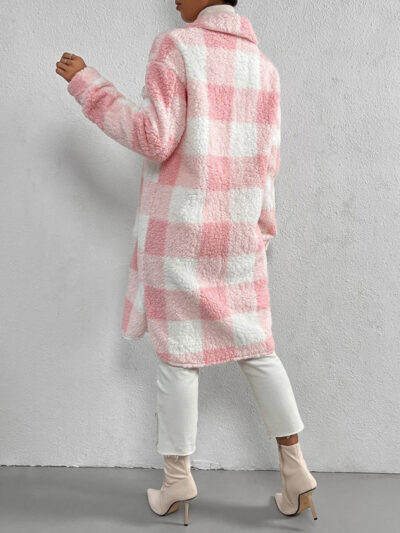 Autumn and winter open buckle lapel plush plaid coat loose temperament commuter long coat - Image 5