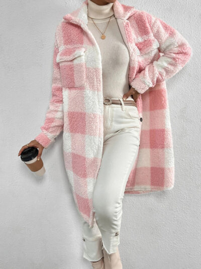 Autumn and winter open buckle lapel plush plaid coat loose temperament commuter long coat - Image 7