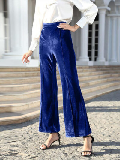 Women's gold velvet high waist slightly flared wide leg pants - Image 2