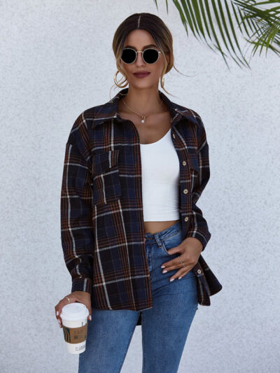 Loose casual single-breasted shirt with lapel plaid pockets - Image 7