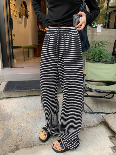 Women's Striped High Waist Straight Loose Drape Lazy Casual Wide Leg Pants - Image 7