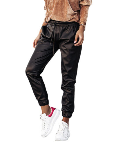 Women's cord waist slim fit leather pants - Image 6