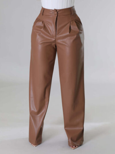 PU women's loose wide-leg pocket casual leather pants