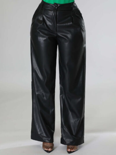 PU women's loose wide-leg pocket casual leather pants - Image 2