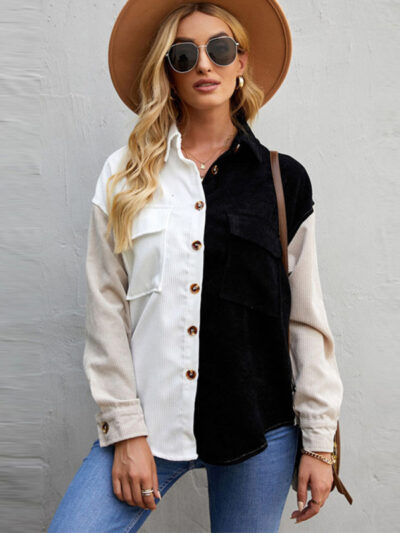 Women's Contrast Color Shirt Style Single Breasted Casual Jacket Top - Image 3