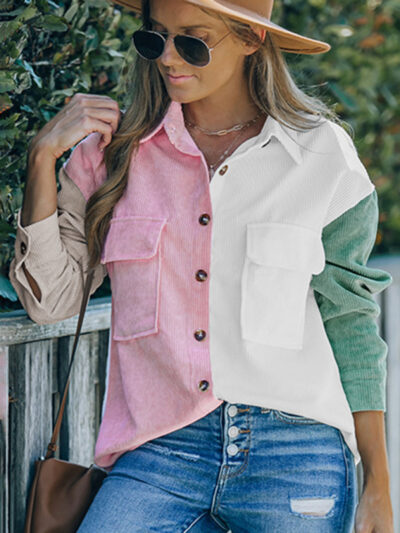 Women's Contrast Color Shirt Style Single Breasted Casual Jacket Top - Image 2