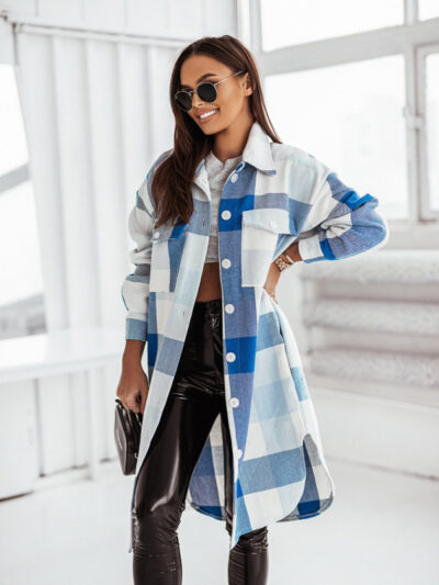 Women's color flannel plaid long windbreaker fashionable shirt woolen jacket - Image 8