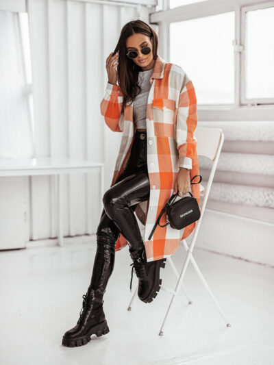 Women's color flannel plaid long windbreaker fashionable shirt woolen jacket - Image 12