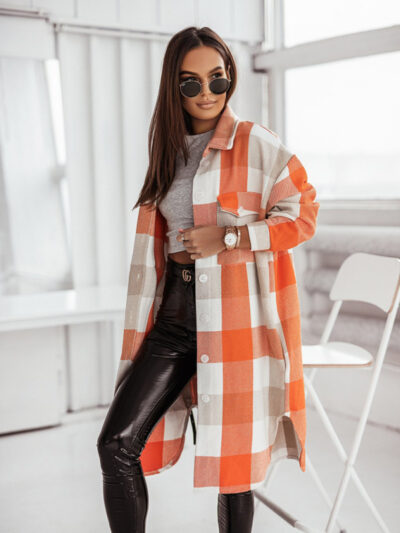 Women's color flannel plaid long windbreaker fashionable shirt woolen jacket - Image 3