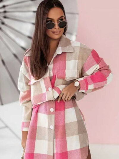 Women's color flannel plaid long windbreaker fashionable shirt woolen jacket