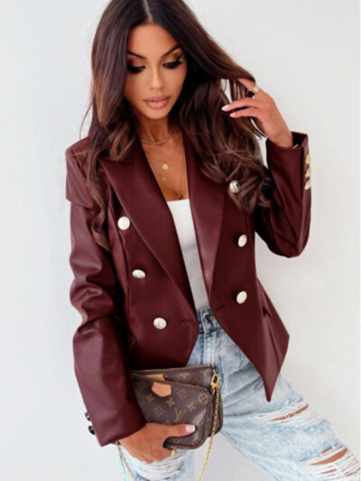 Women's long-sleeved double-breasted fashionable PU leather suit - Image 6