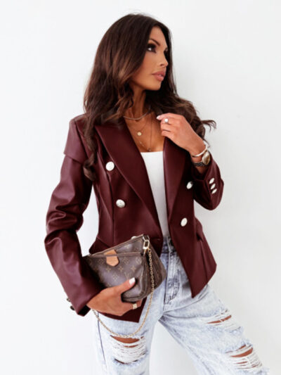 Women's long-sleeved double-breasted fashionable PU leather suit - Image 5