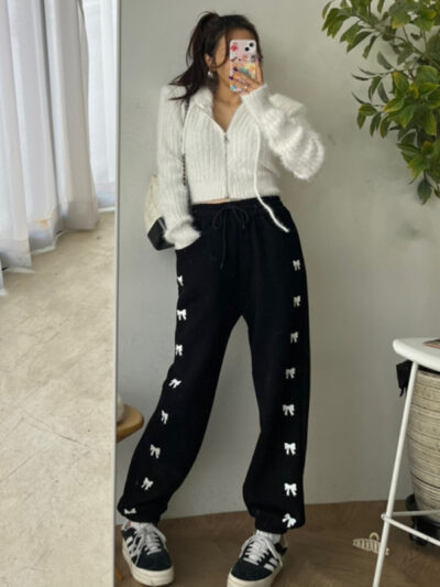 Women's High Waist Elastic Bow Printed Velvet Casual Pants - Image 13