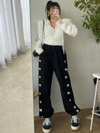 Women's High Waist Elastic Bow Printed Velvet Casual Pants - Image 16