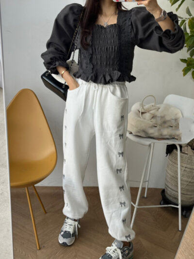 Women's High Waist Elastic Bow Printed Velvet Casual Pants - Image 5