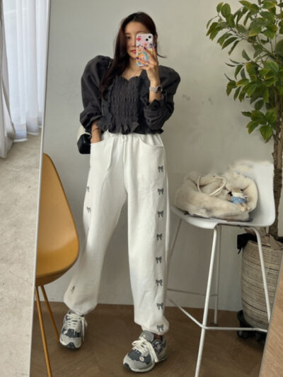 Women's High Waist Elastic Bow Printed Velvet Casual Pants - Image 6