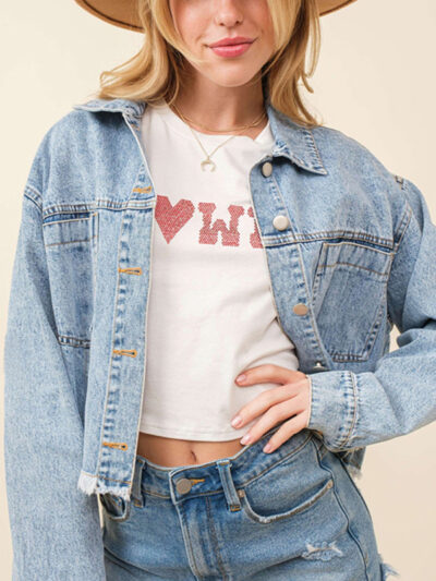 Women's love sequin denim jacket raw edge short top - Image 4