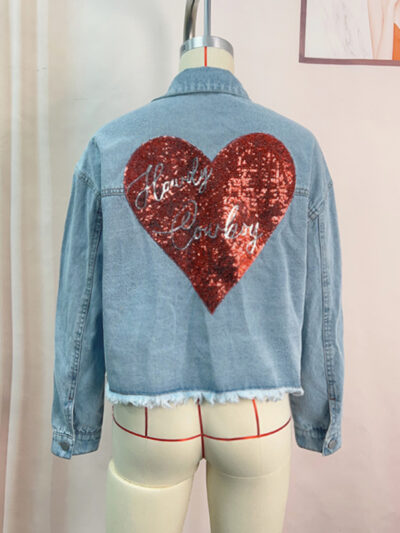 Women's love sequin denim jacket raw edge short top - Image 2