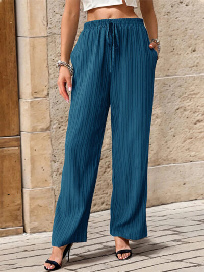 Women's Casual Pleated Textured Elastic Straight Pants - Image 2