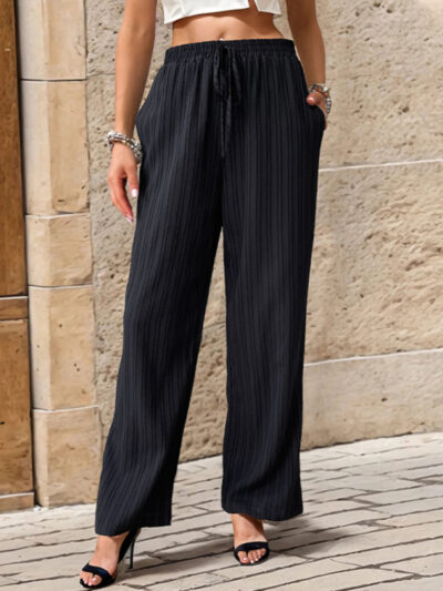 Women's Casual Pleated Textured Elastic Straight Pants - Image 3