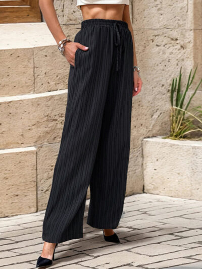 Women's Casual Pleated Textured Elastic Straight Pants - Image 14