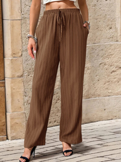 Women's Casual Pleated Textured Elastic Straight Pants - Image 19