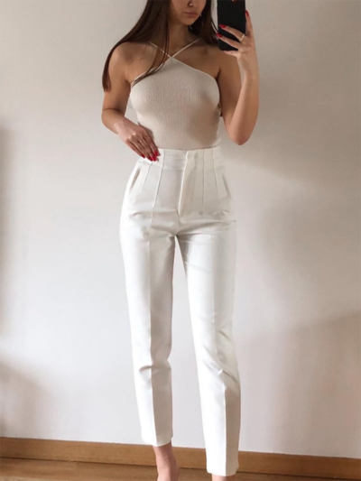 Women's Solid Color High Waist Trousers Slim Casual Pants - Image 14