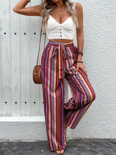 Loose striped high waist elastic wide leg pants - Image 3