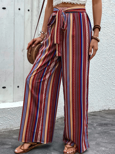 Loose striped high waist elastic wide leg pants