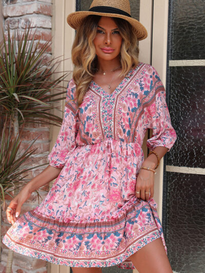 Women's Printed Vintage Loose Pink Dress - Image 2