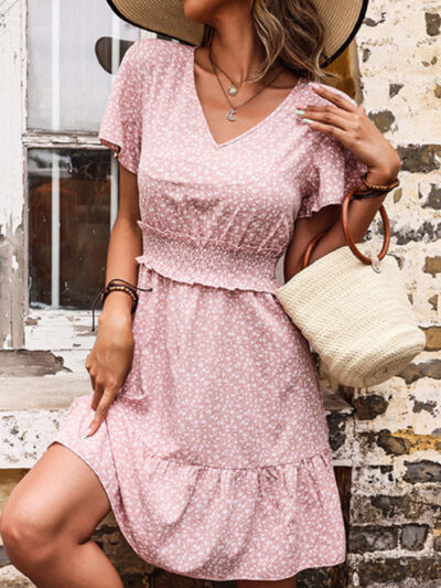 Floral Dress Pink Casual V-Neck Ruffle Dress - Image 5