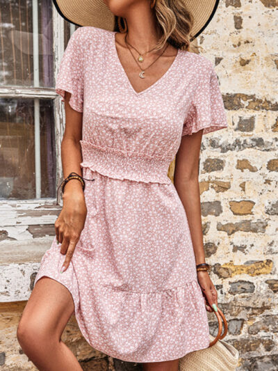 Floral Dress Pink Casual V-Neck Ruffle Dress - Image 2