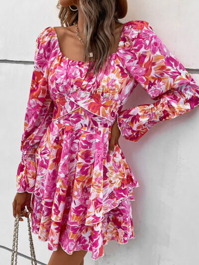 Women's square neck print ruffle sleeve dress - Image 4