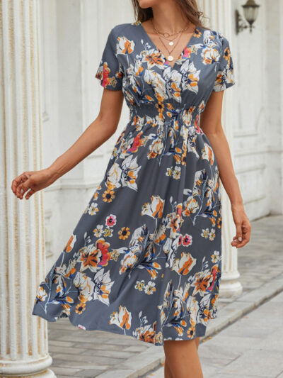 Summer elegant casual vacation V-neck floral print short-sleeved dress - Image 5