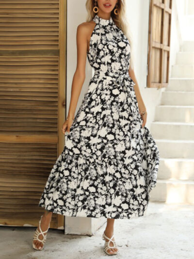 Summer French Halter Neck Sleeveless Slit Print Dress - Image 7