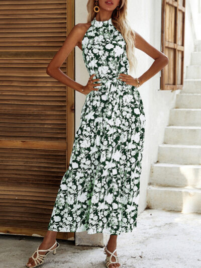 Summer French Halter Neck Sleeveless Slit Print Dress - Image 3