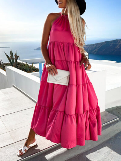 Ruched Solid Color Swing Skirt Beach Vacation Dress