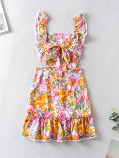 Back tie design backless dress fresh and sweet short skirt popular ruffled print A-line skirt