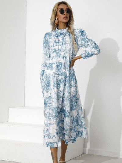 Round Neck Print Loose Cropped Sleeve Dress - Image 2