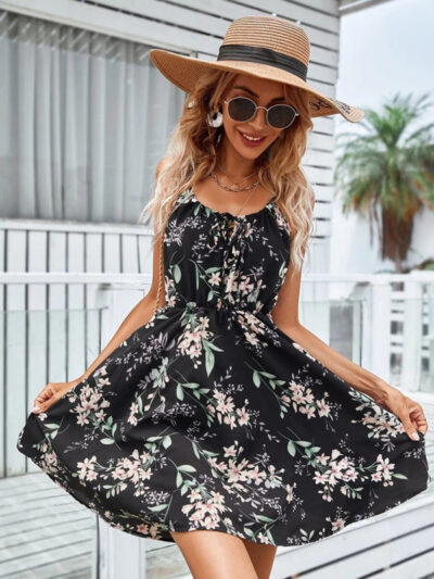 Summer Elegant Sleeveless Dress Pullover Print Elastic Waist Suspender Skirt