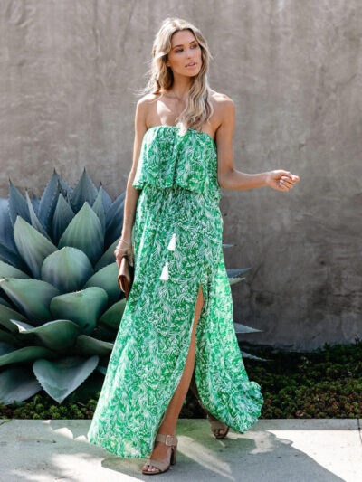 Leaf print off-the-shoulder ruffled slit dress - Image 2