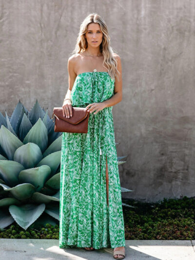 Leaf print off-the-shoulder ruffled slit dress - Image 3